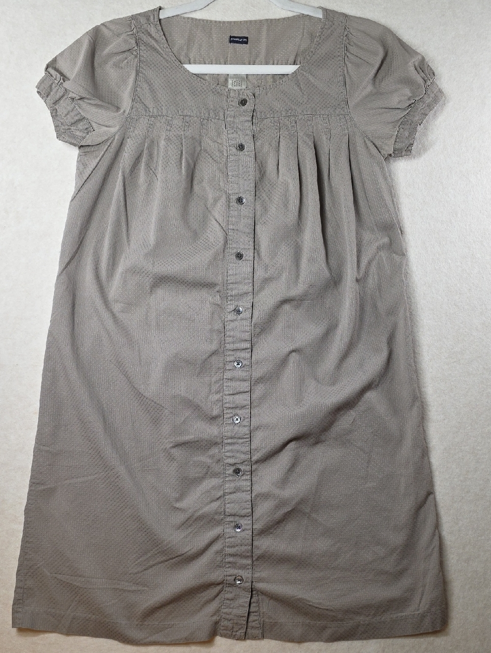 100% Cotton Taupe Button Front Knee-lengh Dress Puff Sleeve Minimalist Pleats